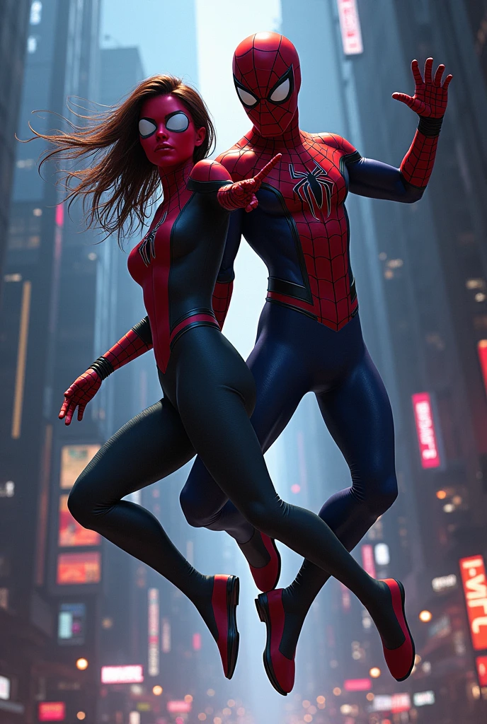 spider man woman - spider man and spider man in a dark city, spider - artistic style in verse, into the spiderverse, spiderverse, in the spider verse, futuristic style spider man, thousands morals!!!, 3840 x 2160, 3840x2160, thousands morals, high quality 4k wallpaper, rendering in sfm, super detailed rendering