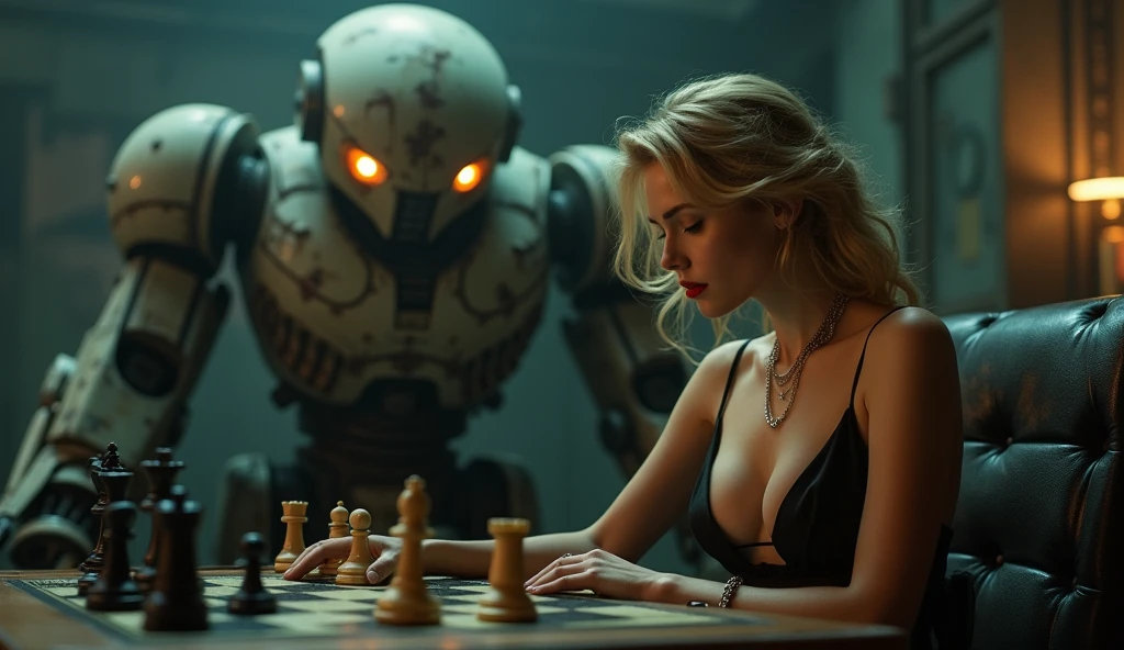 (Masterpiece.UHD.photorealistic. Analog photo 1940 style) dystopian world. in a  dark Neo retro futuristic room. low key. An ultra hot gorgeous European woman. Age 23. Epic cleavage (100e breast size) full red puckered lips. withdark blonde hair. sitting and playing chess in a black dress, Very detailed. She is concentrating on the card game., Anti-realism. In the background a 1930 clunky and rusty giant evil war robot with glowing eyes.