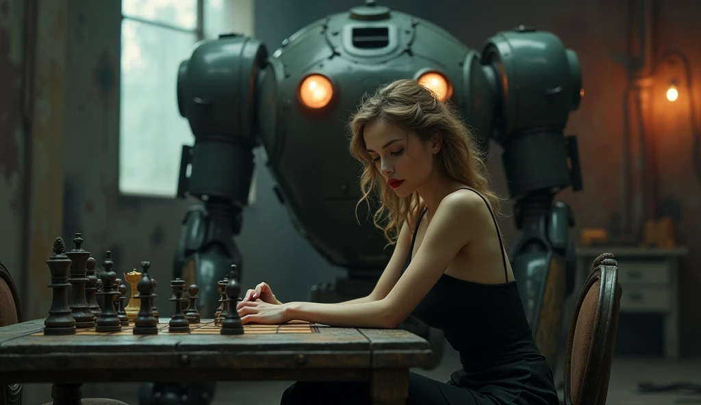 (Masterpiece.UHD.photorealistic. Analog photo 1940 style) dystopian world. in a dark Neo retro futuristic room. low key. An ultra hot gorgeous European woman. Age 23. Epic cleavage (100e breast size) full red puckered lips. withdark blonde hair. sitting and playing chess in a black dress, Very detailed. She is concentrating on the card game., Anti-realism. In the background a 1930 clunky and rusty giant evil war robot with glowing eyes.