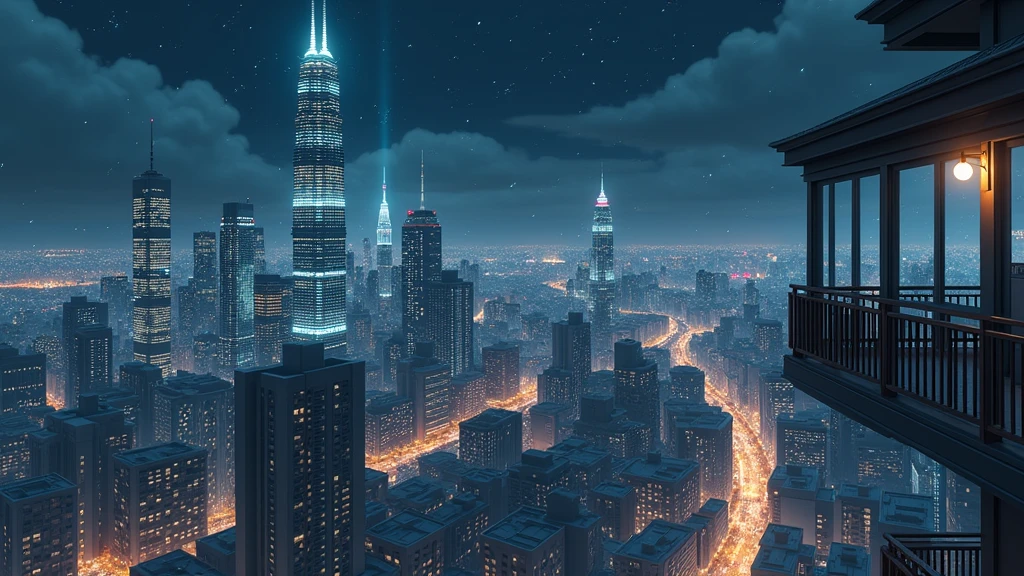 view of a city from a balcony, night, no people, light clouds, In the style of Makoto Shinkai。master piece, ultra detail, precision, ultra-realistic,