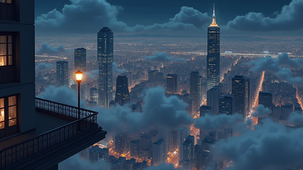 view of a city from a balcony, night, no people, light clouds, In the style of Makoto Shinkai。master piece, ultra detail, precision, ultra-realistic,