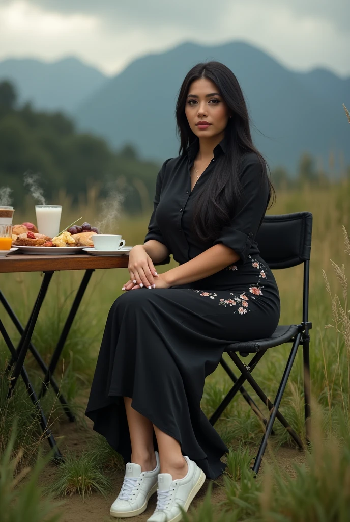 (Close-up of a better masterpiece:1.5)0.9],an woman with long black hair, curvy body, wearing a plain black shirt, a long black skirt with a floral pattern, white newbalance shoes, sitting on a folding chair, a folding table full of food, and coffee in the background of a plain of wild grass, a dewy mountain, and a cloudy sky