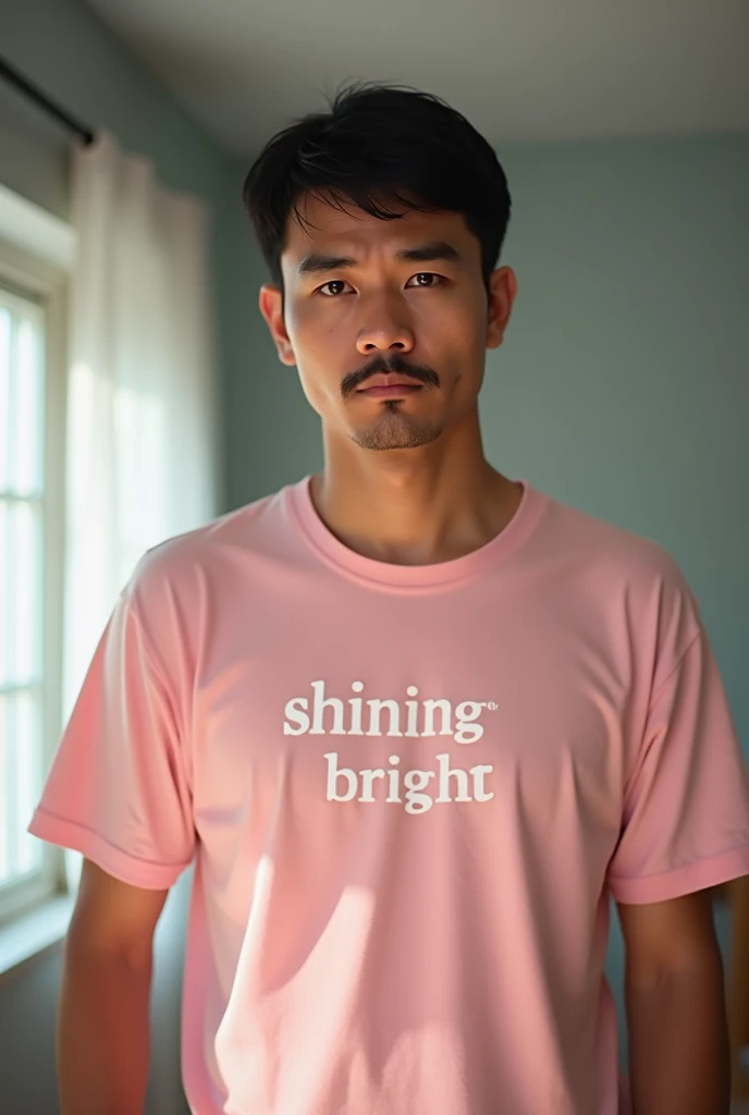 A man 28 Years Ago with a serious facial expression wearing a light pink T-shirt with the words "Shining Bright" printed on it. The background appears to be an indoor setting with bright lighting that highlights the man's face and T-shirt. He has short black hair and a slight mustache." 8K, Photografy Selfie Realistic
