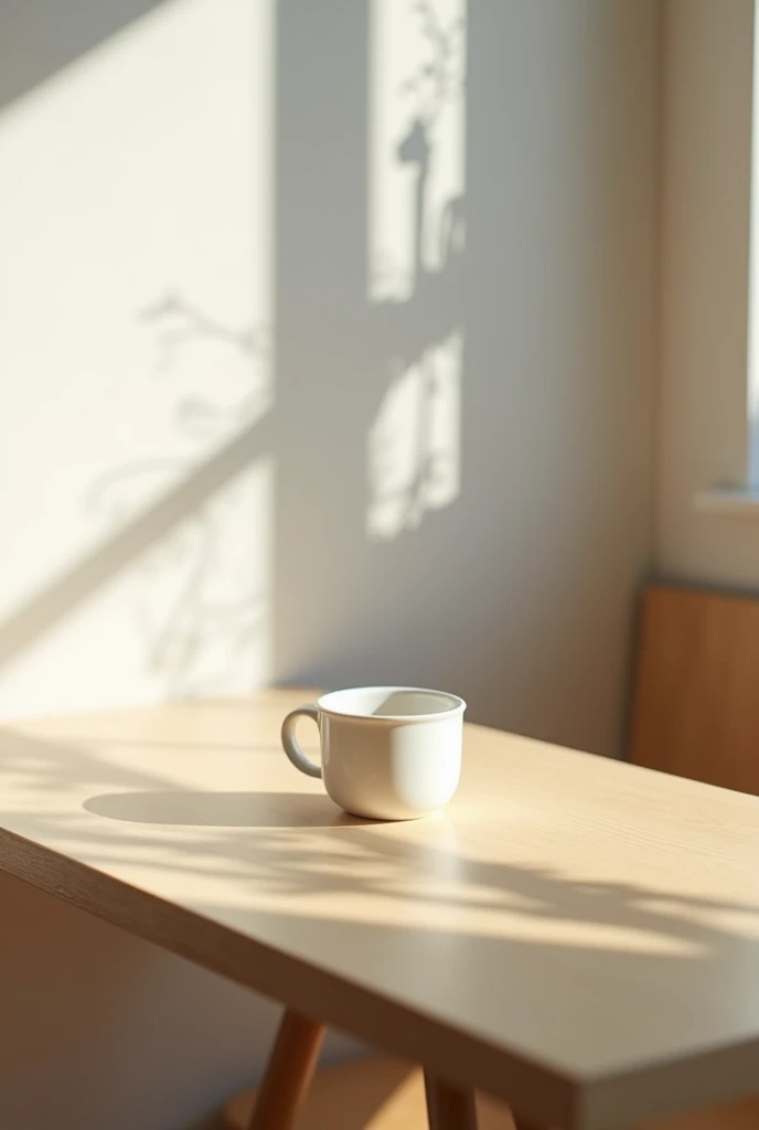 A cup of coffee in a minimalist-style café. The coffee cup is placed on a simple wooden table with a smooth, light-colored surface. The café is well-lit with natural light coming from large windows, creating soft shadows. The background features clean, white walls and minimalistic furniture with simple lines. The overall atmosphere is calm and serene, with a focus on the coffee cup. The image should look like it was taken with a smartphone, capturing the cozy and intimate feel of the café