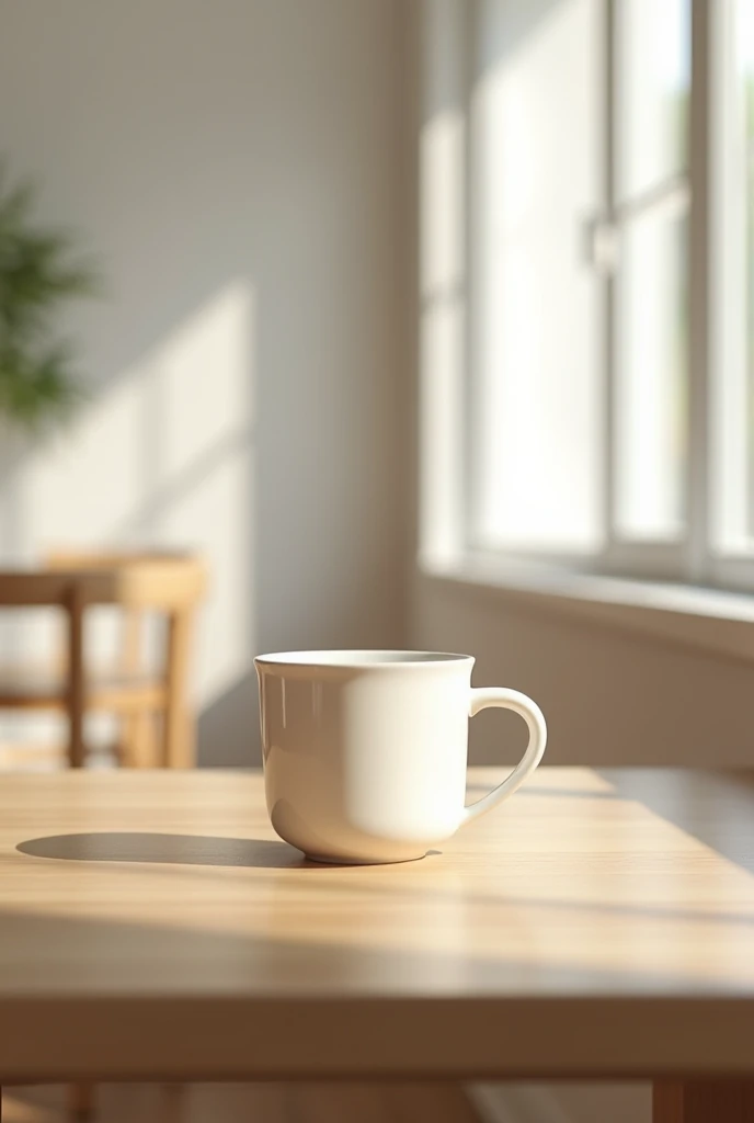 A cup of coffee in a minimalist-style café. The coffee cup is placed on a simple wooden table with a smooth, light-colored surface. The café is well-lit with natural light coming from large windows, creating soft shadows. The background features clean, white walls and minimalistic furniture with simple lines. The overall atmosphere is calm and serene, with a focus on the coffee cup. The image should look like it was taken with a smartphone, capturing the cozy and intimate feel of the café