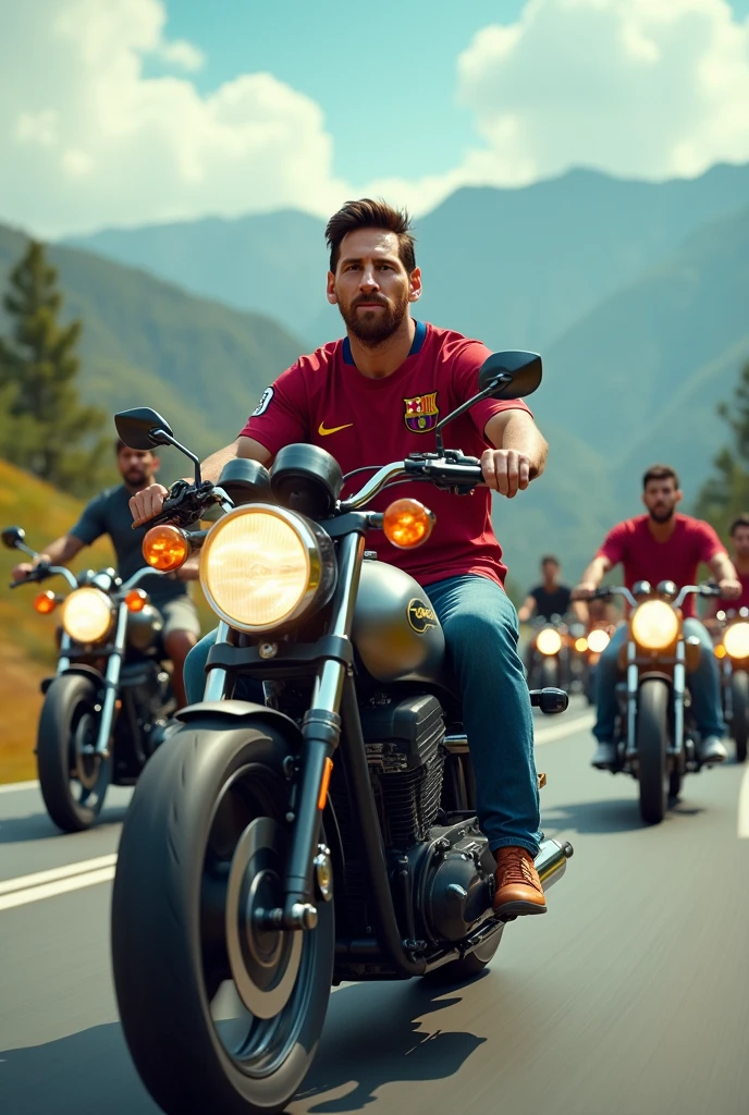 Messi is driving a motorcycle with many people. They are also driving motorcycle