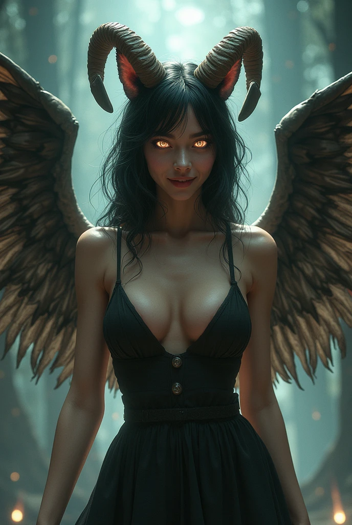 score_9, score_8_up, score_7_up, 1girl, solo,
waist-long hair, glowing bright white eyes, curved ram horns, (fox ears, fox tail), tanned skin, angel, (fox:1.2), medium sweet breasts, grin face expression, relaxed pose, random wings
monochromatic, heavy metal atmosphere,
(sexy horror dressing), seductive, random background