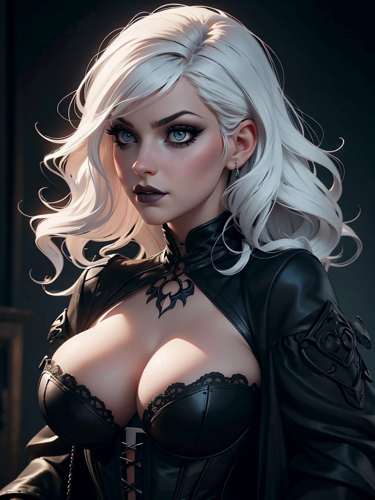 a beautiful busty goth princess woman,corset,white hair,dark mascara,long lashes, white eyes, tattoo,black short bangs,curly hair,(best quality,4k,8k,highres,masterpiece:1.2),ultra-detailed,(realistic,photorealistic,photo-realistic:1.37),portrait,chiaroscuro lighting,dramatic lighting,dark moody colors,dramatic colors