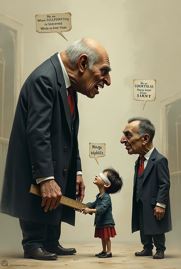 A very ugly character with a name on it "UEPB teachers union" stepping on the throat of another character who looks like a child with blindfolds with a name "pupils" this ugly character looking at another character in front with the figure of a ruler, with a message ABOVE the head "where is our money, or we don't take our foot off him" and a message from the governor with an expression of despair saying "I'm not to blame for this accumulation and we have no way of paying it, you know that". Can create?