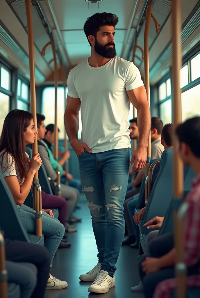 There is a young, strong, bearded Iranian man in a white t-shirt, jeans and white sneakers, standing, holding on inside a public transport bus, being watched by a woman next door.