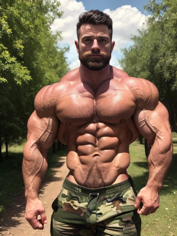 ((best quality)), ((masterpiece)), (detailed),male, perfect face, brunette beard, ripped, army officer, showcasing perfect biceps, veins popping, sweaty muscles, Bodybuilder size, perfect sixpack abs, broad strong chest, wearing army camo pants, wearing a unbuttoned camo shirt, huge muscles, sexy aura, strong and protective, has to keep you save, forest in the background, lustful eyes, getting stuffed to the brim, looking you closely in the eyes hungry for love, Josh Hutcherson