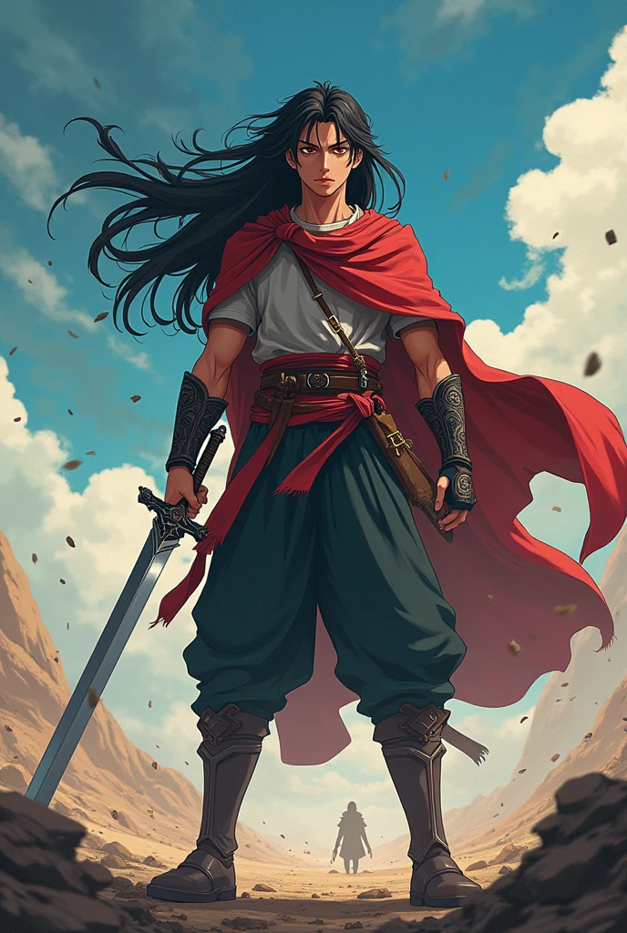 A young anime guy is standing after winning a war and his hairs are long black holding sword