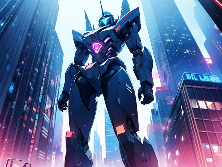 (masterpiece, best quality), High resolution, Very detailed,4K,8k,((from below)),((Late Night),Cyberpunk cityscape,Vibrant neon glow),(A giant robot walks among the tall buildings)