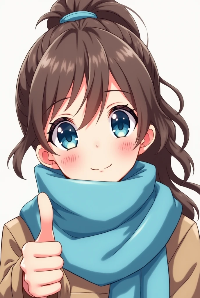 Anime girl, Blue eyes, brown hair, ponytail, blue scarf, hiding mouth with scarf, thumbs up
