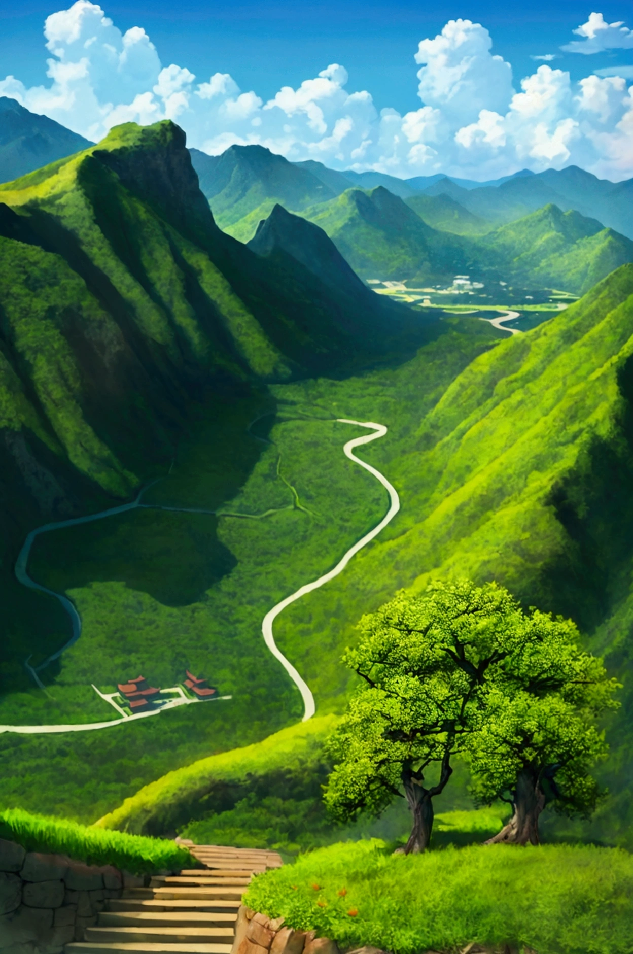 Landscape, grassy field, Chinese mountains , closeup, forest, jade trees