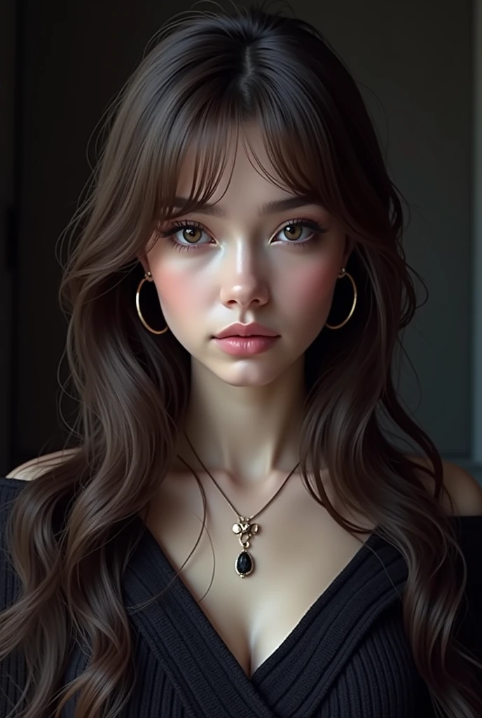 1girl in, age19, Solo, Long hair, Colossal tits, Looking at Viewer, blondehair, Bare shoulders, Brown eyes, jewely, Full body, a necklace, off shoulders, Sweaters, Realistic, A sexy