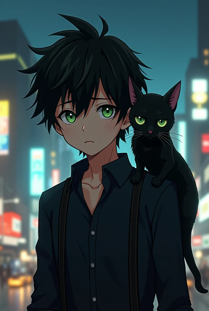 Create an realistic anime image of a boy wearing a black suspender with black shirt, slitly dark skinned with dark olive green eyes having a neutral expression on face black bad boy style hair. A black cat sitting on his shoulder having dark green eyes. In background night life of a busy city
