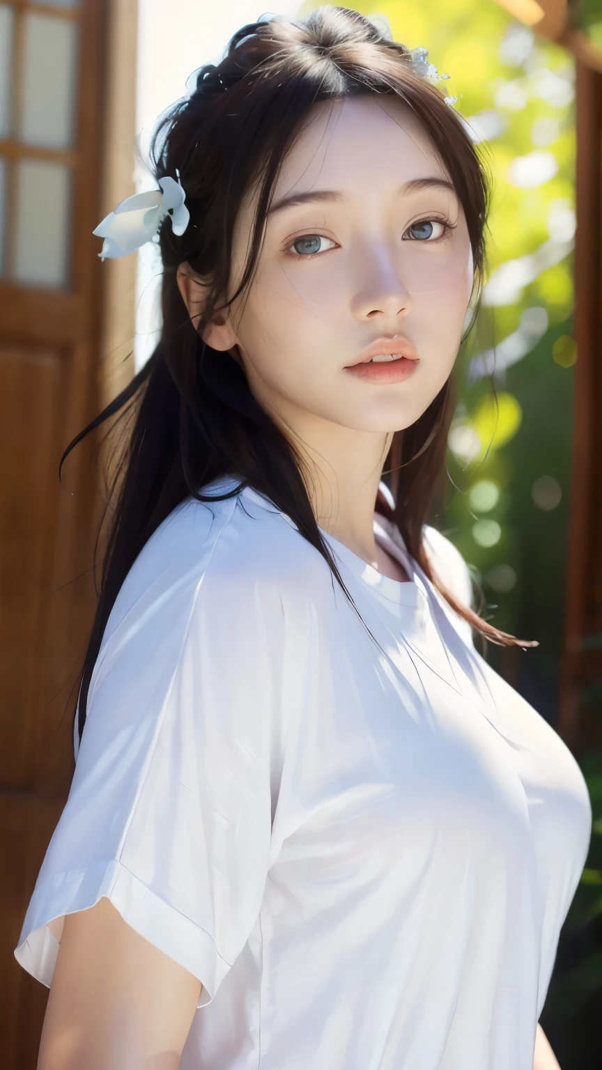 Dressed, (photo Realistic:1.4), (hyper Realistic:1.4), (Realistic:1.3),
(Smoother lighting:1.05), (Improving the lighting quality of movies:0.9), 32K,
One girl,20 year old girl, Realistic lighting, Backlight, Light on the face, Ray-tracing, (Bright light:1.2), (Improvement of quality:1.4),
(Highest Quality Real Texture Skins), Detailed drawn eyes, Detailed painted face,
(Tired, sleepy and satisfied:0.0), Face close-up, T-Shirts,
(Enhance the mood of your body line:1.1), Glowing Skin