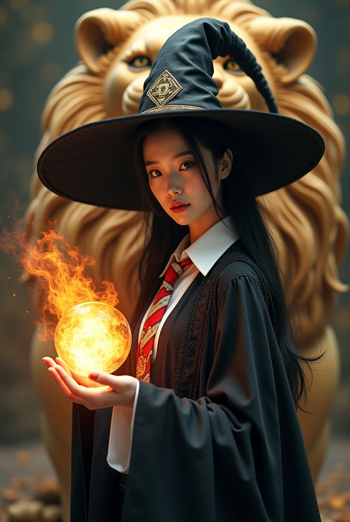 photo, asian woman, white skin, Turn your face and look straight ahead., Black fluffy hair, Wear a black witch hat, Black witch cloak, The inner shirt is a white collar with a red and white tie., Holding a fireball, Behind him stands a golden lion.