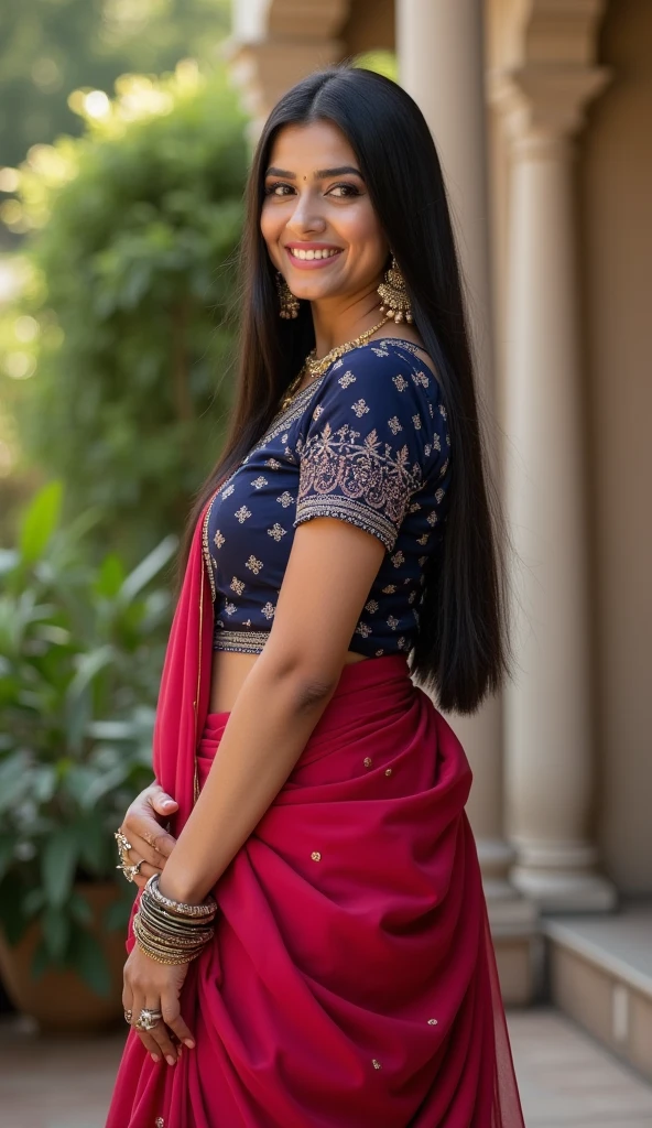 A 2 Indian Instagram model standing gracefully in a serene outdoor setting, perhaps near a garden or a traditional architectural backdrop. She has long, straight black hair that is either flowing freely or styled in a sleek, modern look. Her outfit is a blend of traditional and contemporary—a vibrant, flowing sari or lehenga in rich colors like deep red or royal blue, paired with a modern blouse that has subtle embroidery. She is wearing traditional jewelry like jhumkas and bangles, adding a touch of elegance. Her pose is confident yet graceful, with one hand resting lightly on her hip, and her face glowing with a warm smile. The background features soft, natural lighting with lush greenery or intricate Indian architecture, highlighting her cultural roots while showcasing her modern style.