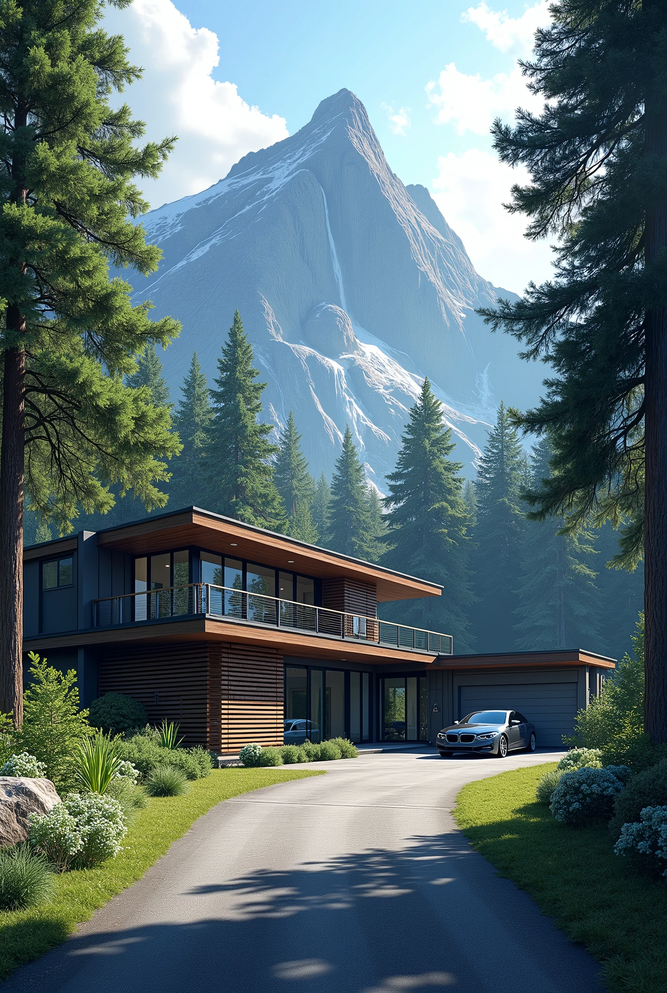 Create an illustration of a coniferous forest. In the center of the forest there is a modern two-story house. There is a garage for a car attached to the right.. There is an asphalt road adjacent to the house.. There is a BMW 5 Series car parked in front of the house.. There is a mountain with a waterfall behind the house. 