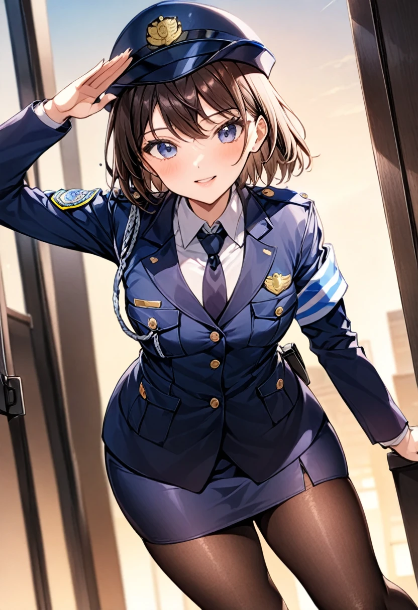 One woman、Female police officer、紺色のFemale police officer、Female police officerの制帽、Overlooking、Salute pose、Uniform Buttons、Collared shirt、Black tie、Navy blue pencil skirt、Black Pantyhose、Uniform jacket、Black pumps、Dynamic Angle