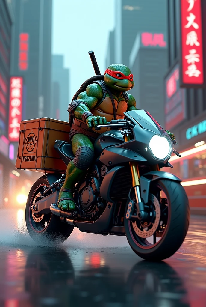 An image of a ninja turtle on top of a motorcycle with a pizza bag on the bag that says Ninja Pizzeria