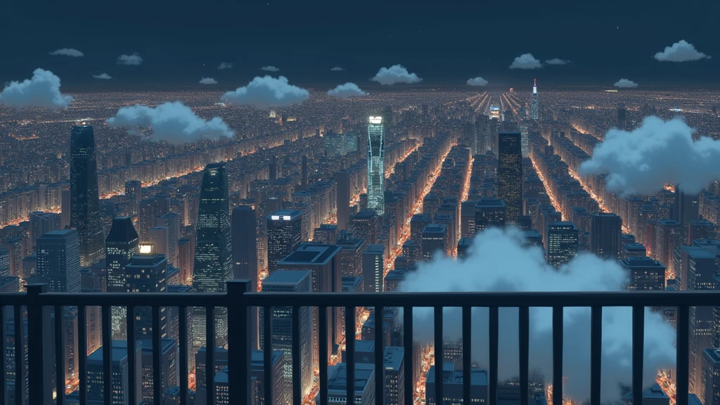 view of a city from a balcony, night, no people, light clouds,  In the style of Makoto Shinkai。master piece, ultra detail, precision, ultra-realistic, anime art
