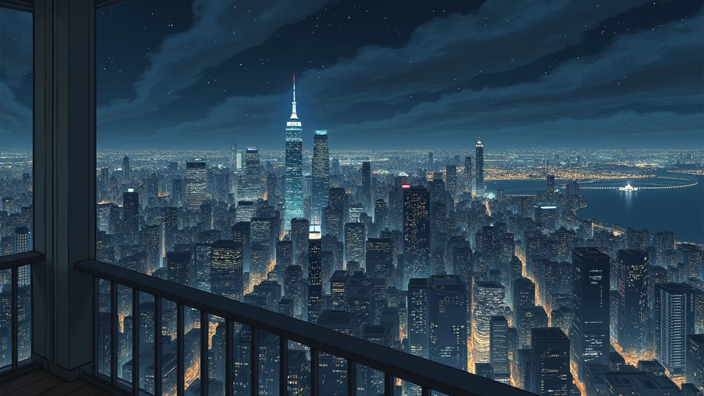 view of a city from a balcony, night, no people, light clouds, In the style of Makoto Shinkai。master piece, ultra detail, precision, ultra-realistic, anime art