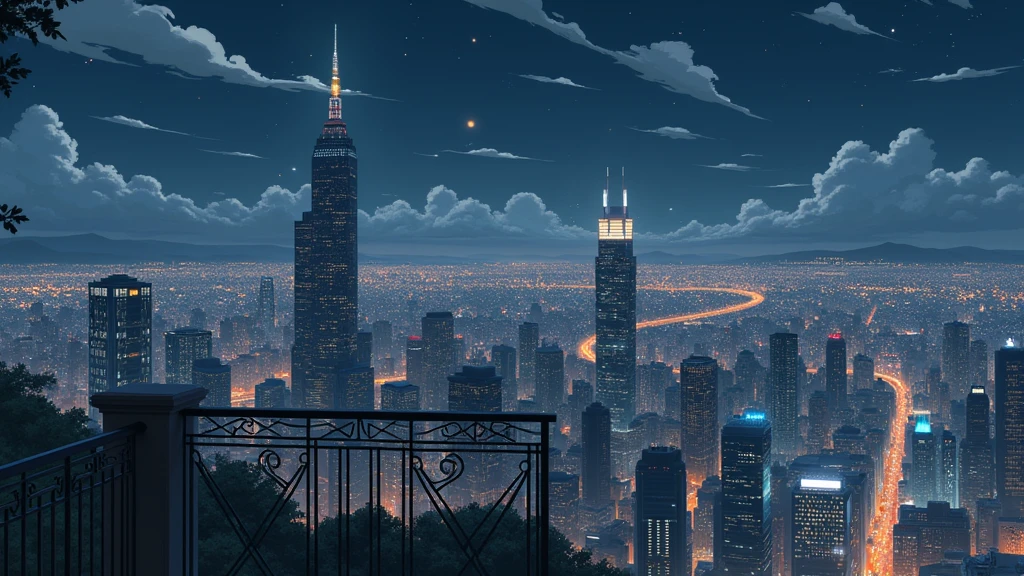 view of a city from a balcony, night, no people, light clouds, In the style of Makoto Shinkai。master piece, ultra detail, precision, ultra-realistic, anime art
