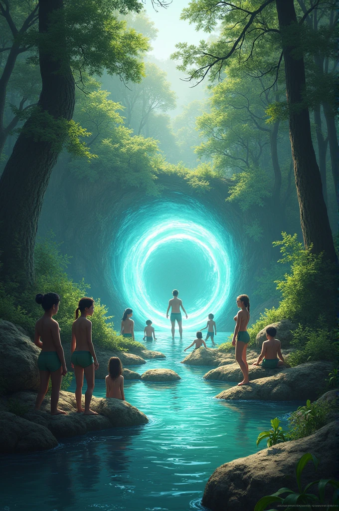 Some friends are on a trip in the forest and find a river in the middle of the forest. Everyone gets down there and has fun playing water sports. Once a portal emerges from the water and pulls one friend into it