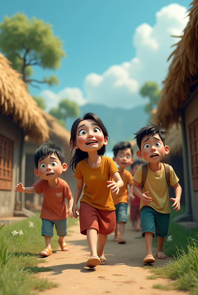 3d cartoon style image.जो एक-दो लोग लौटे भी, वे अपने होश-हवास खो चुके थे। उन्होंने जो बताया, वह गाँववालों की नींद उड़ाने के लिए काफी था।