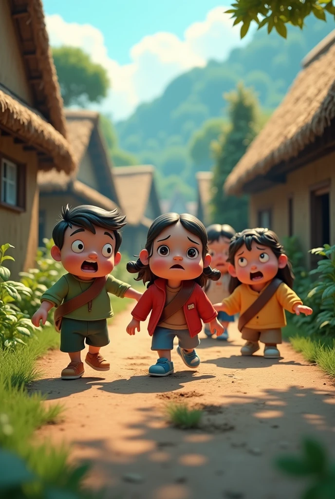 3d cartoon style image.जो एक-दो लोग लौटे भी, वे अपने होश-हवास खो चुके थे। उन्होंने जो बताया, वह गाँववालों की नींद उड़ाने के लिए काफी था।