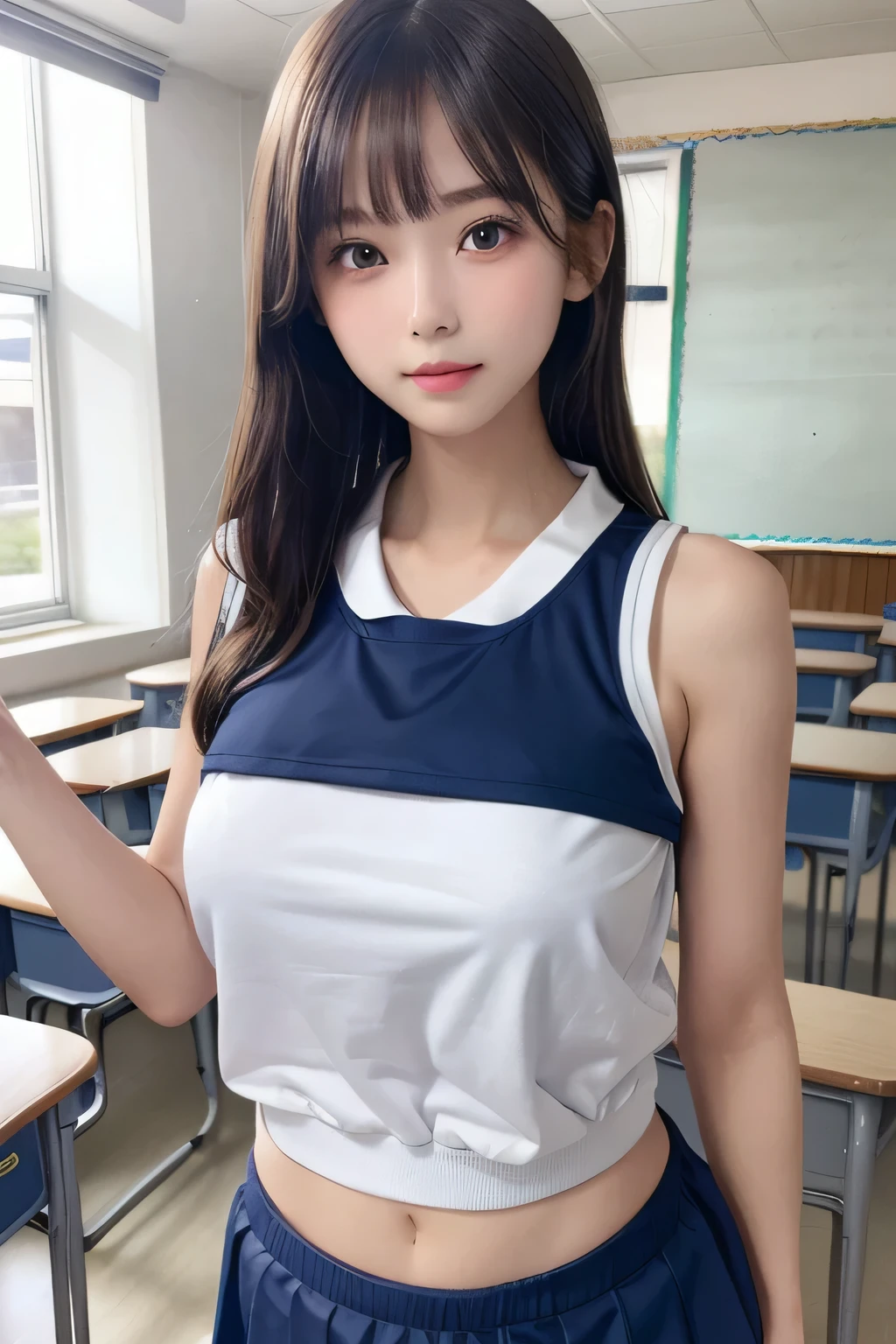 One Girl, 1 person,Highest quality,High resolution,超High resolution,8k,Realistic,Upper Body,encounter_audience,Large , (Slim Body:1.2),(navy blue school bloomers:1.2),(White school gym clothes:1.2), (school classroom:1.2),