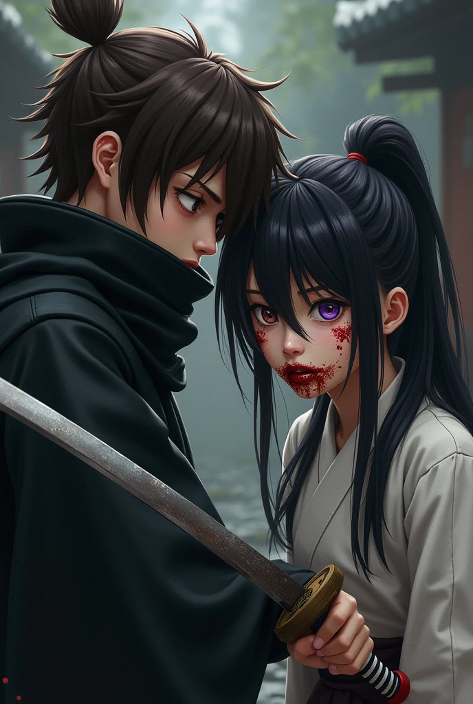 a ninja boy with a katana. He has a brown hair. He wear a Black and white ninja outfit. A japanese girl. Her mouth covered in blood and her one eye's brown and another is purple. She has a mid length hair ponytail. Both are japanese. Give them a mature look.