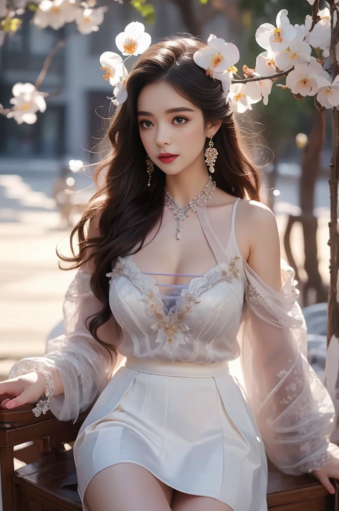 （Quality Improvement：1.4），1 Girl, Full breasts，Visible cleavage，Sexy long legs，The skirt is very short，She gently lifted her skirt with one hand,Surrounded by white Phalaenopsis orchids，Lilac dendrobium、White Lily, Flying petals，（Top quality leather), Delicate face,Black Hair, Gradient hair, Body,（Body1.1）, He has a precious gem on his forehead.., outstanding student，Long eyelashes,Smile, Surrealism, Movie Lighting, Projection Insert, Surrealism, Ultra HD, masterpiece，lie，Keep dreaming，Open your legs slightly.，Tattoo，Fantasy Space，Luxurious space，Exquisite makeup，blush，Shy expression