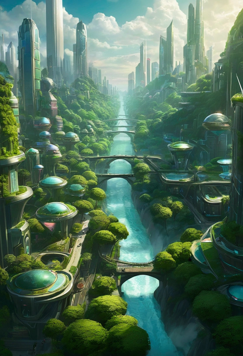 I want you to design a background of a city mixed with a forest. I want a very urban futuristic city with a touch of forest. I want you to be inspired by league of legends. Use map references, atmosphere and colors of league of legends places.