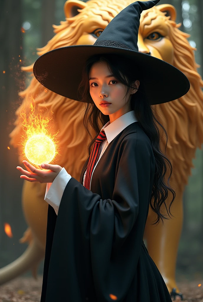 photo, asian woman, white skin, Turn your face and look straight ahead., Black fluffy hair, Wear a black witch hat, Black witch cloak, The inner shirt is a white collar with a red and white tie., Holding a fireball, Behind him stands a golden lion.