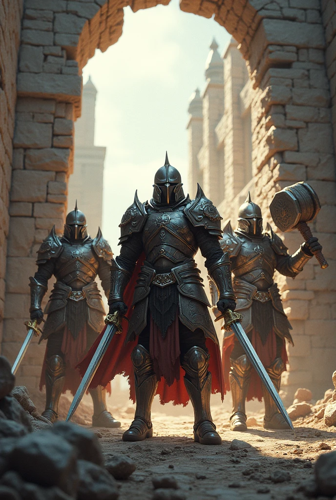 three armored warrior, two hold swords, one holding hammer, outside break hole wall only, with light