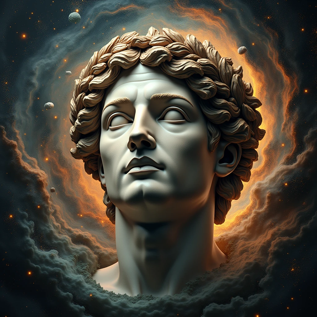 "A logo with an ancient Greek philosopher's head wearing a laurel wreath, with swirling cosmic patterns around it, symbolizing the universe of knowledge and enlightenment."
Make it hyper realistic
