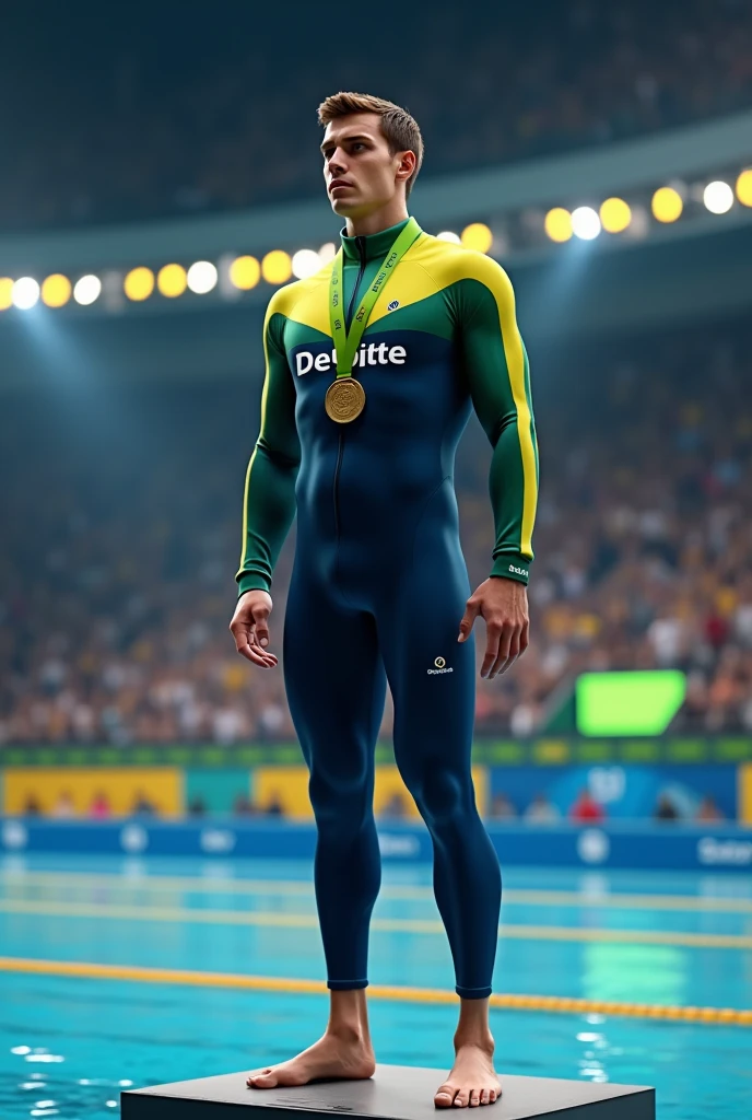 Create a full image of a swimmer for a medal presentation in a track suit with trousers kit, featuring the word 'deloitte' printed on it. Ensure that the full stop after 'deloitte' is green, which is a crucial detail.