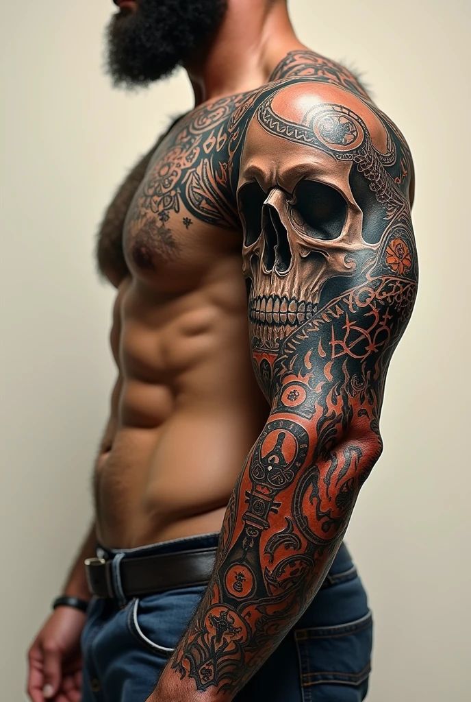 Skull tattoo, various elements, all over the arm