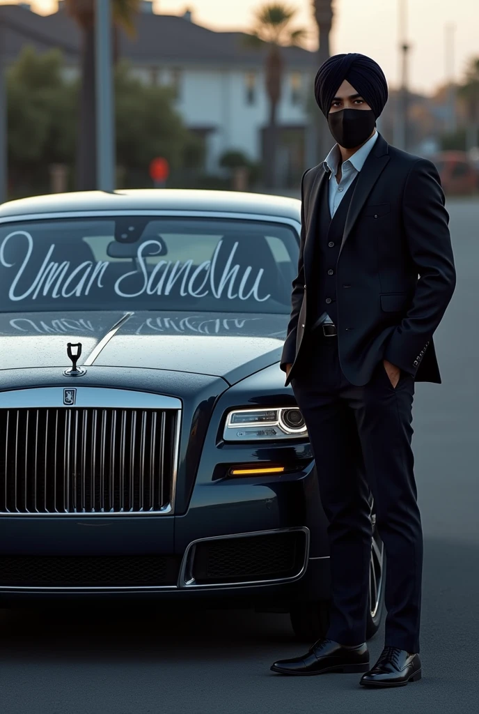 Generate masked face picture of man standing near car and Umar Sandhu name is written on full car in beautiful way
