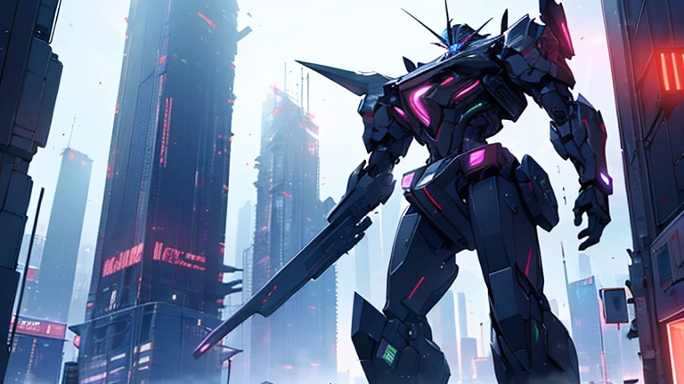 (masterpiece, best quality), High resolution, Very detailed,4K,8k,((from below)),((Late Night),Cyberpunk cityscape,Vibrant neon glow),(A giant robot walks among the tall buildings)
