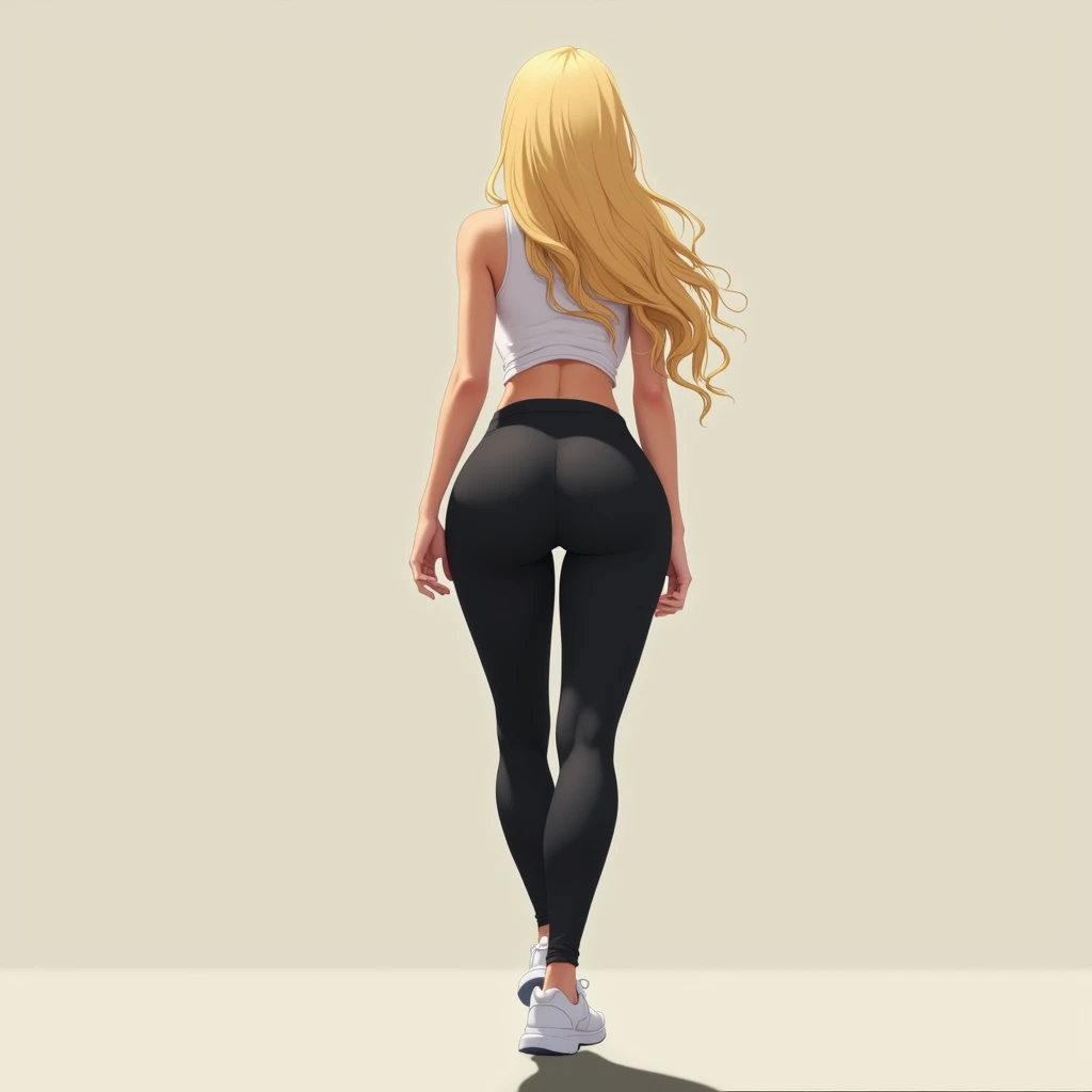 anime girl, long blonde hair, plain background, white tank top, slightly exposed midriff, tight black yoga pants, tall, curvy but proportionate, hourglass figure, prominent hips, from behind, not looking at viewer, walking and swaying hips, white sneakers, covered upper back.