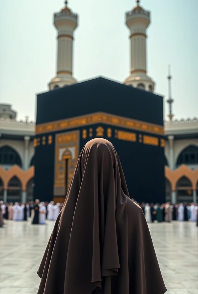 A woman in hijab, background kaba