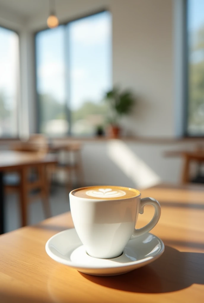 A close-up shot of a freshly brewed espresso in a small, white ceramic cup, placed on a simple wooden table in a minimalist café. The espresso has a rich crema on top, and the cup casts a soft shadow on the table. The background is blurred, showcasing clean, white walls and minimalist décor with sleek, modern furniture. The lighting is natural, coming from large windows, creating a warm, inviting atmosphere. The image should have a casual, handheld feel, as if taken with a tphone, capturing the cozy and tranquil vibe of the café.