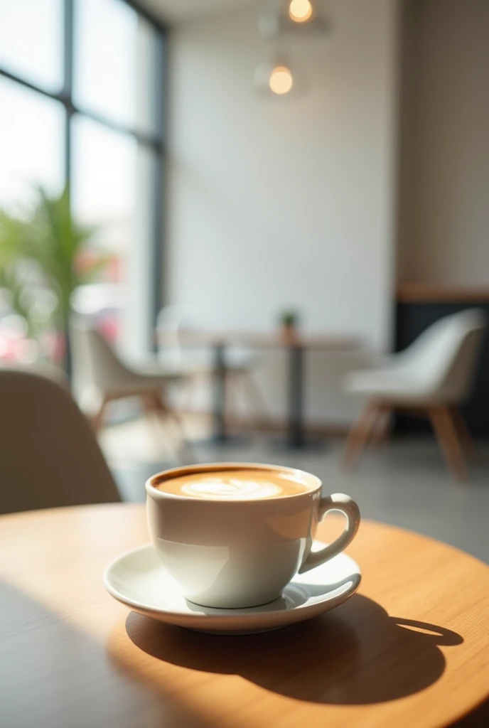 A close-up shot of a freshly brewed espresso in a small, white ceramic cup, placed on a simple wooden table in a minimalist café. The espresso has a rich crema on top, and the cup casts a soft shadow on the table. The background is blurred, showcasing clean, white walls and minimalist décor with sleek, modern furniture. The lighting is natural, coming from large windows, creating a warm, inviting atmosphere. The image should have a casual, handheld feel, as if taken with a smartphone, capturing the cozy and tranquil vibe of the café.