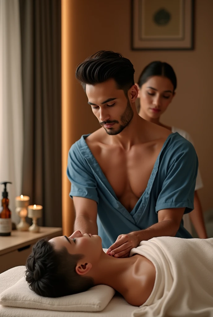 vector of a man making massage in a woman, dark blue