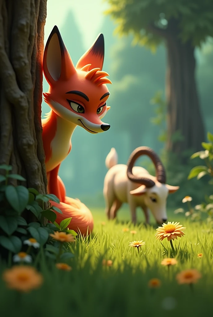 In 3D animation style "
A sly fox with a mischievous expression observing the goat from behind a tree. The fox is eyeing the golden flower.Image"